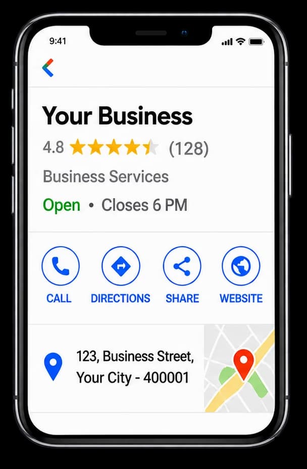 A complete Google business listing on a phone