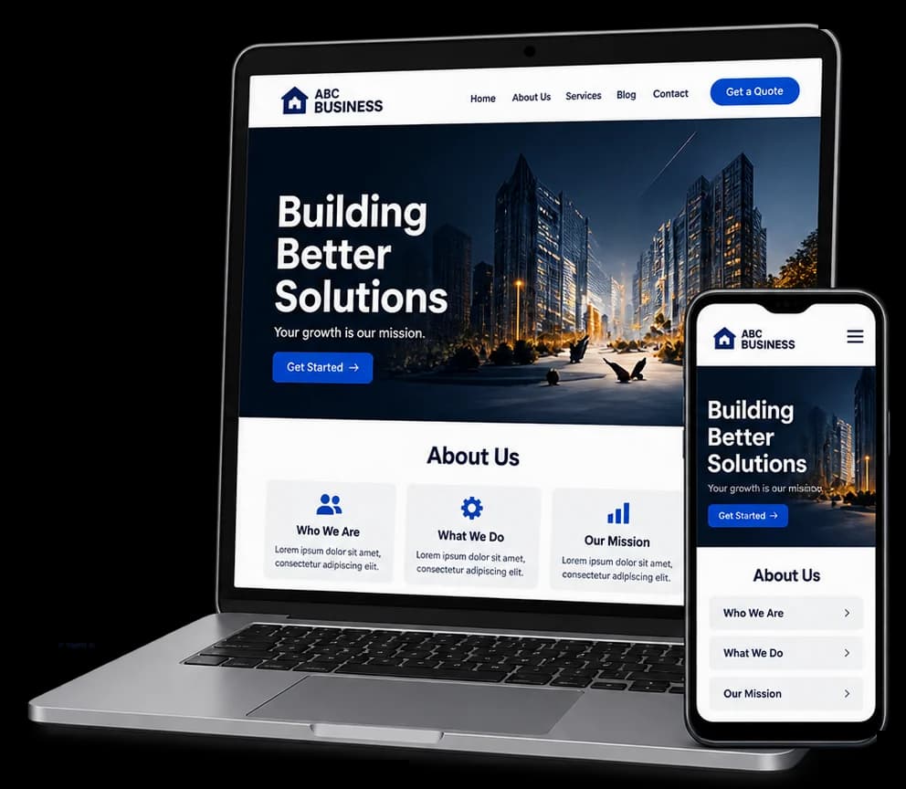 A business website shown on a laptop and a phone
