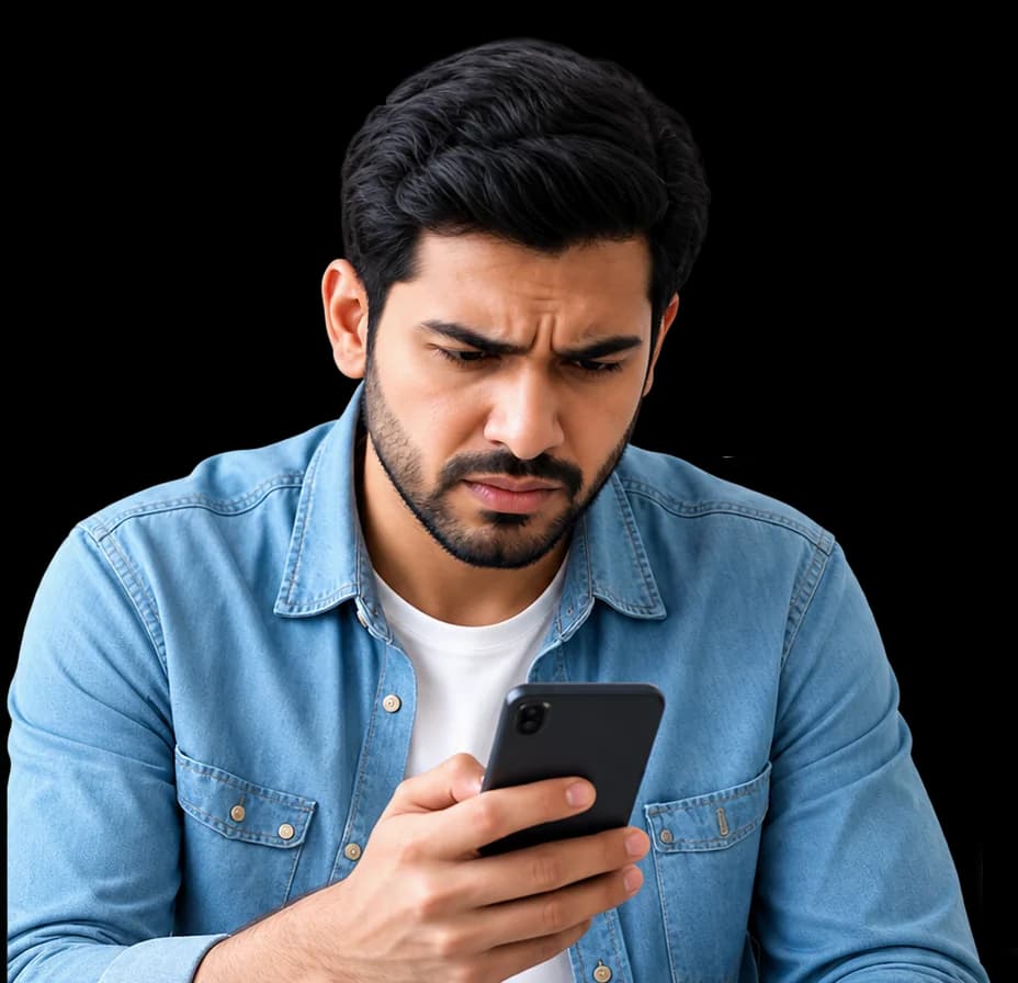 A man looking at his phone, unsure how to get in touch