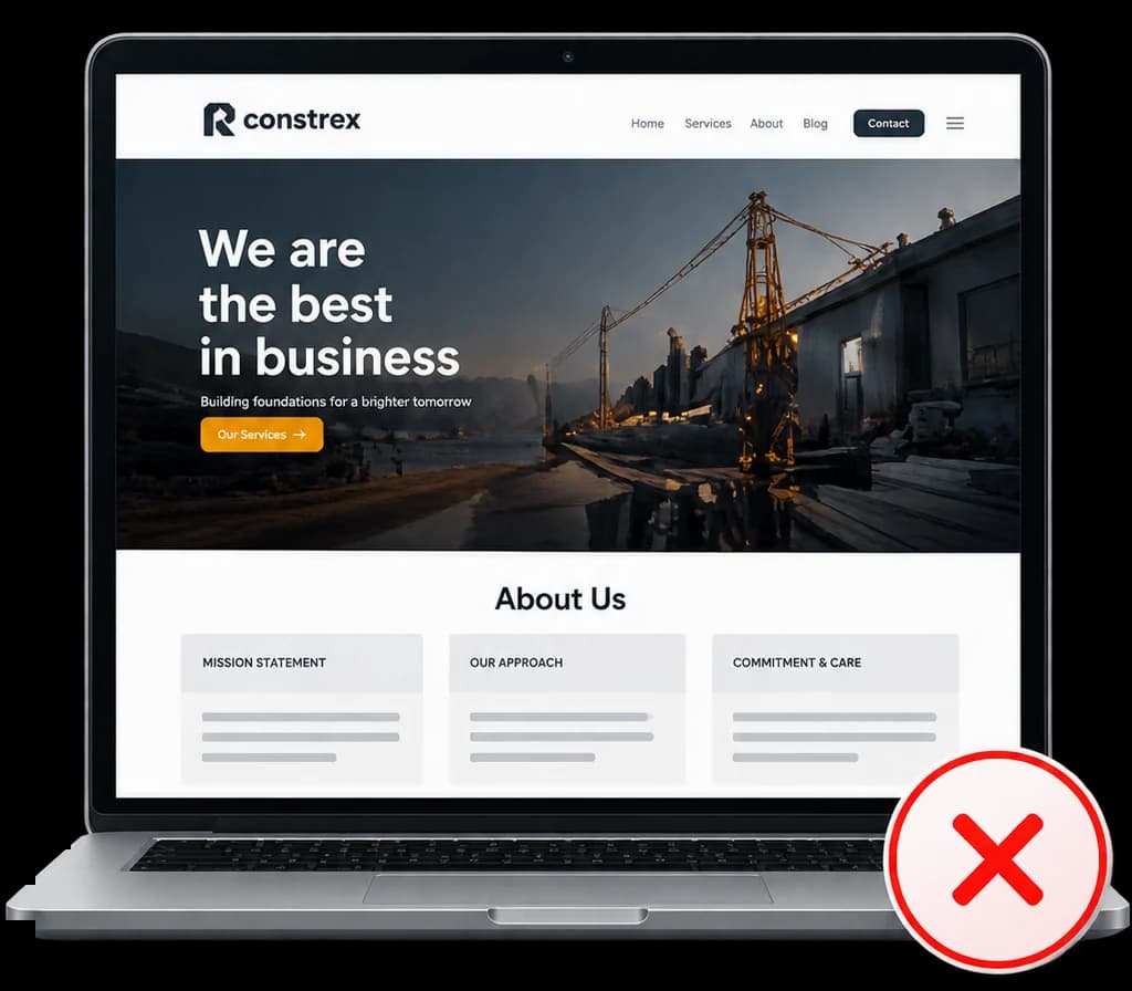 A thin, generic website on a laptop, marked as a failure