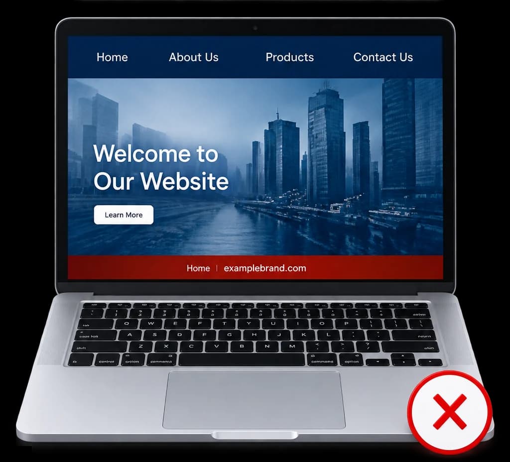 An old-fashioned website on a laptop, marked as a failure