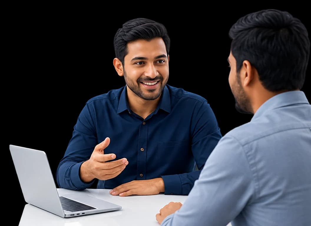 Two people talking across a laptop